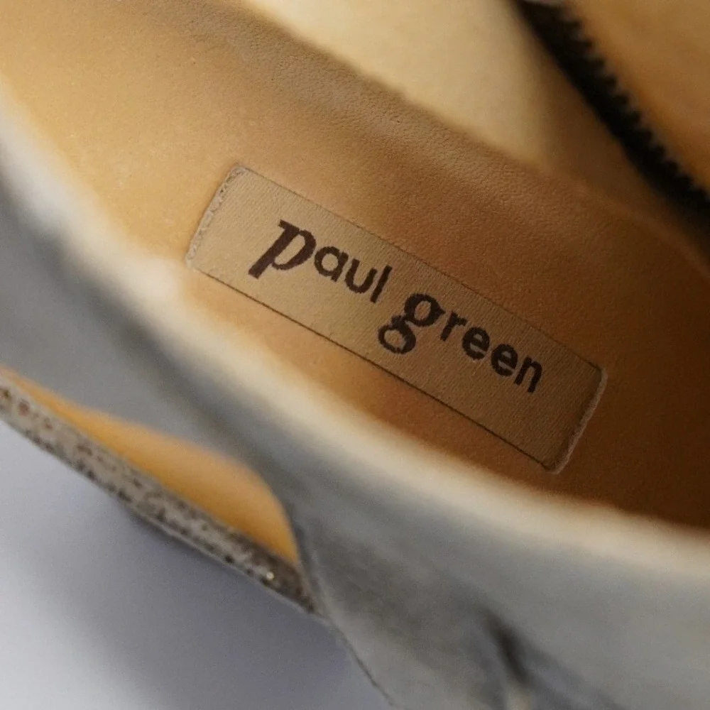 Paul Green,‎ Metallic Silver Peep Toe Heel Booties Size 8 Chunky Heel Side Zip